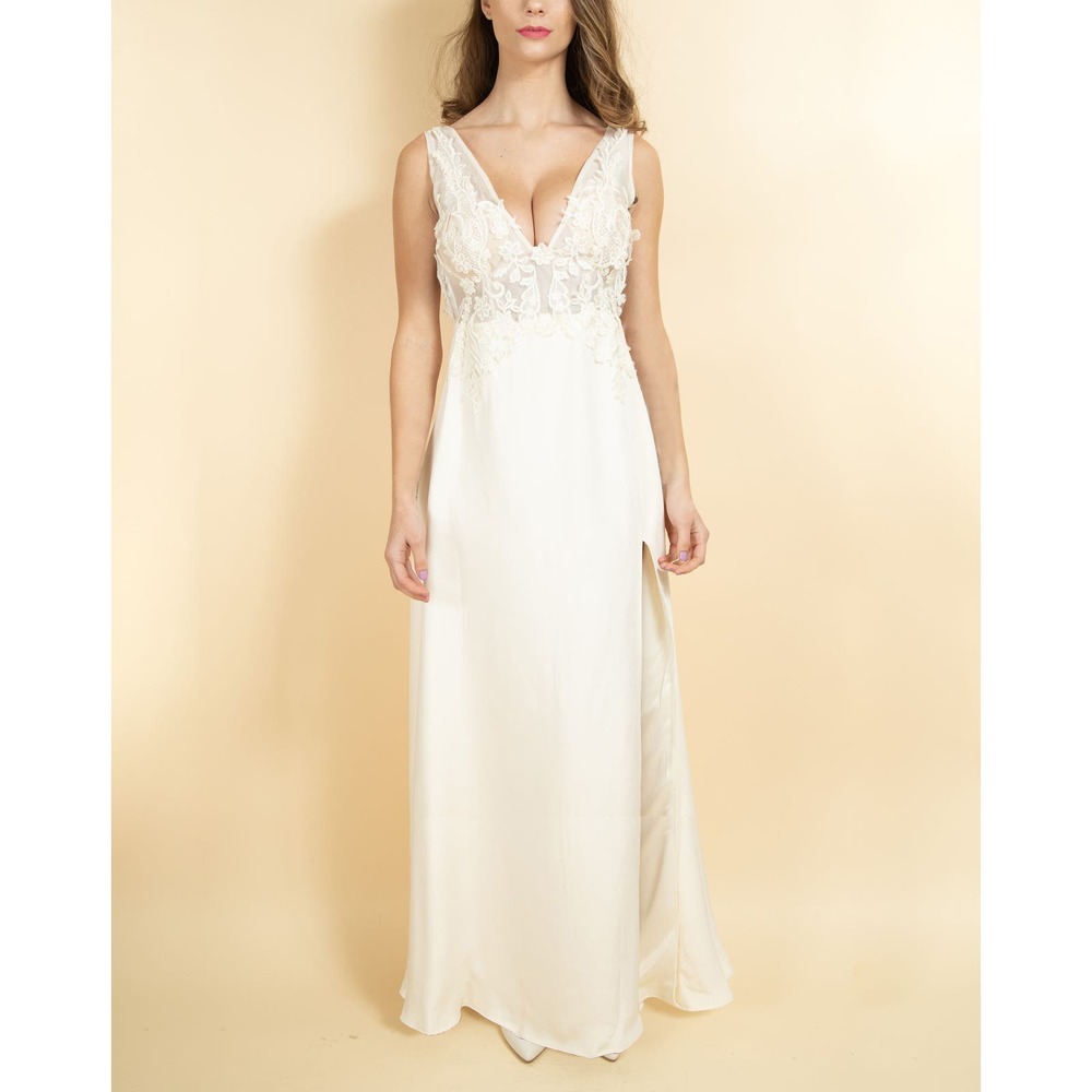 Long dress with deep v cut, sexy white dress, beach Wedding Dress, modern bride